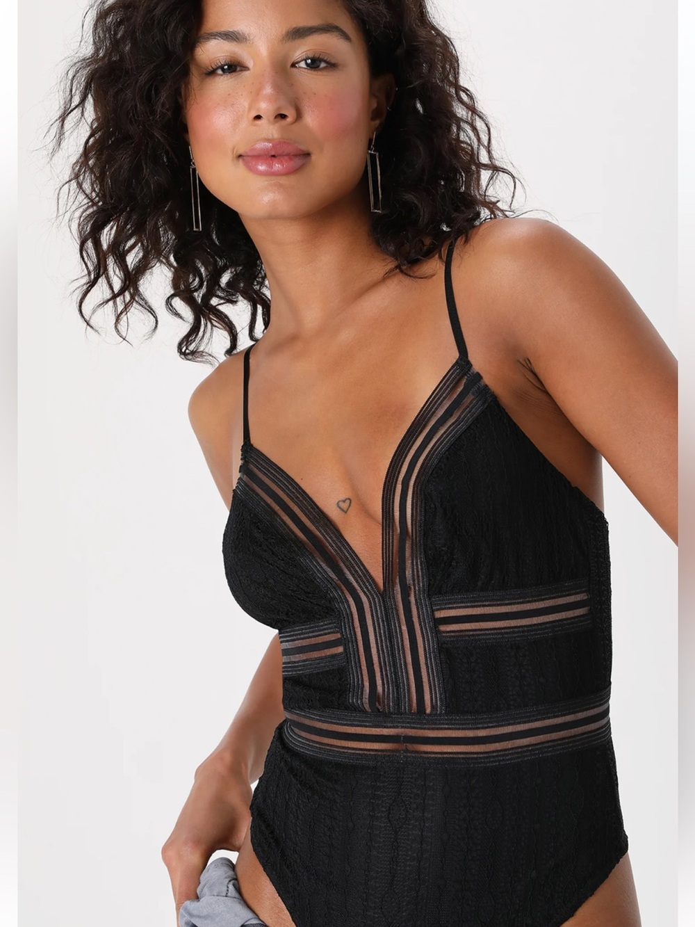 Lulu's Black Lace Plunge-Strap Bodysuit